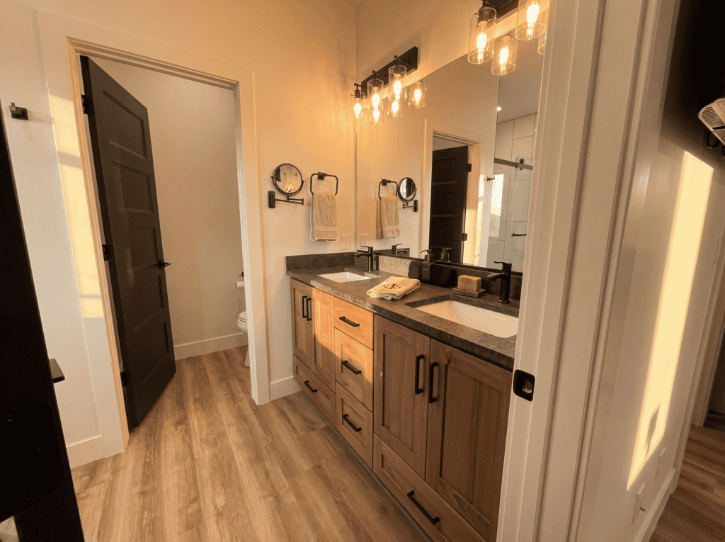 Contemporary bathroom with double vanity, pendant lighting, and wooden cabinetry.