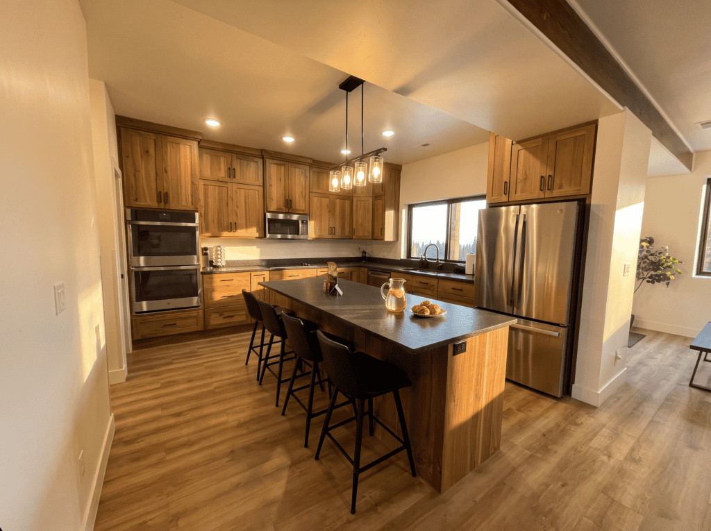 Sunset Lodge Kolob floor plan by Zip Kit homes. Kit home kitchen interior.