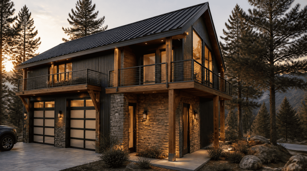 Contemporary Zip Kit Home with large windows at sunset.