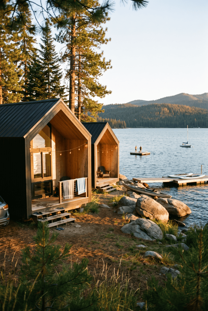 Contemporary Zip Kit Modular Homes with large windows and modern design at dusk.