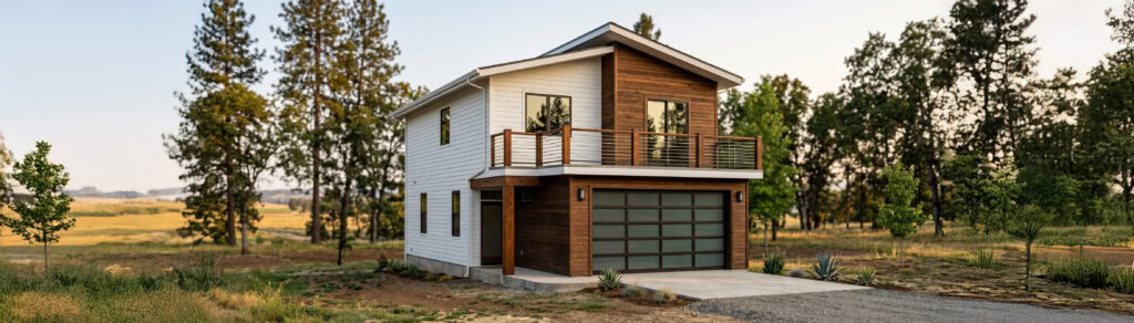 Contemporary Zip Kit home with large windows in mountain landscape.