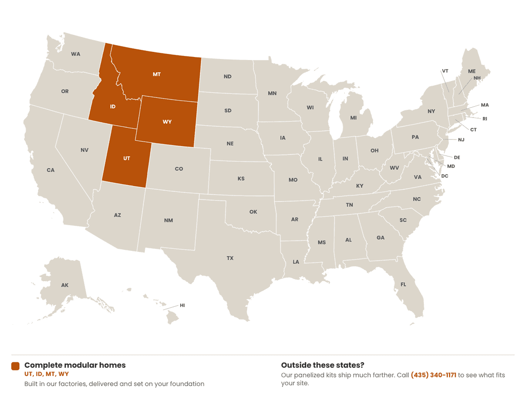 Map showing Zip Kit Homes delivery locations in Montana, Idaho, Utah, Wyoming, and North Dakota.