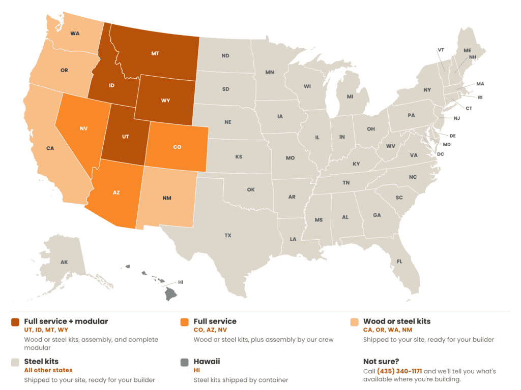 Zip Kit Homes delivery locations map highlighting full service and kit options across the US.